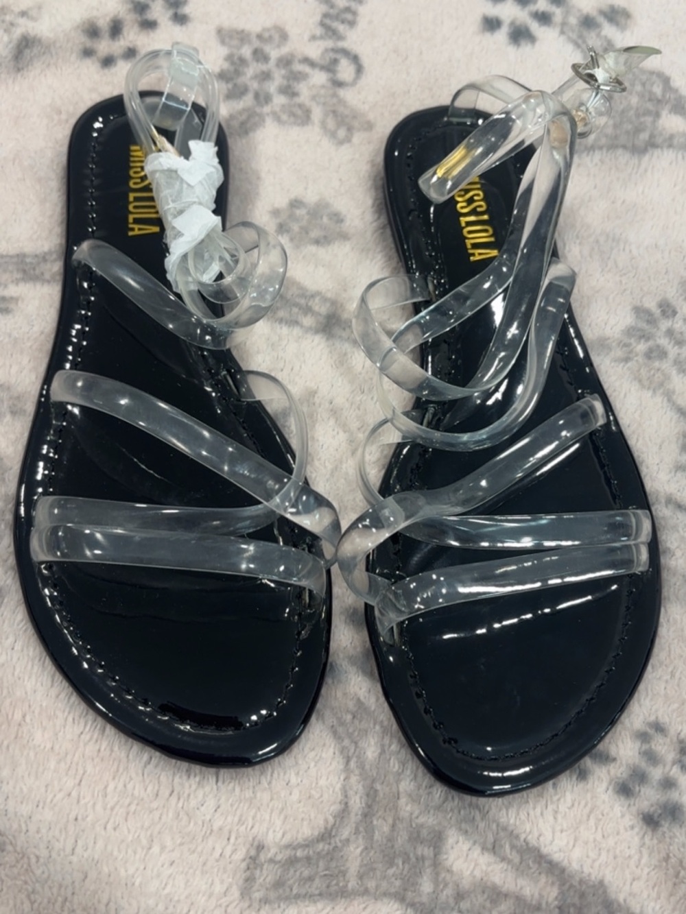 Miss Lola Black Patent Sandals with Clear Straps